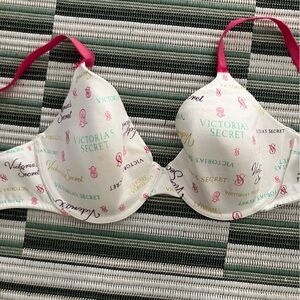 Victoria's Secret White Bra with Multicolor Logo Print and Pink Straps